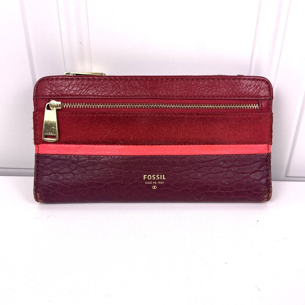 Vintage Fossill Wallet Women's Red/Burgundy/Pink Zip Around Leather Suede Block